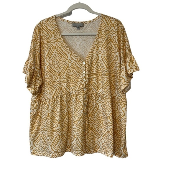 Luukse Button-Front V-Neck Peplum Top Yellow & White Abstract- Size 3X - Picture 1 of 9